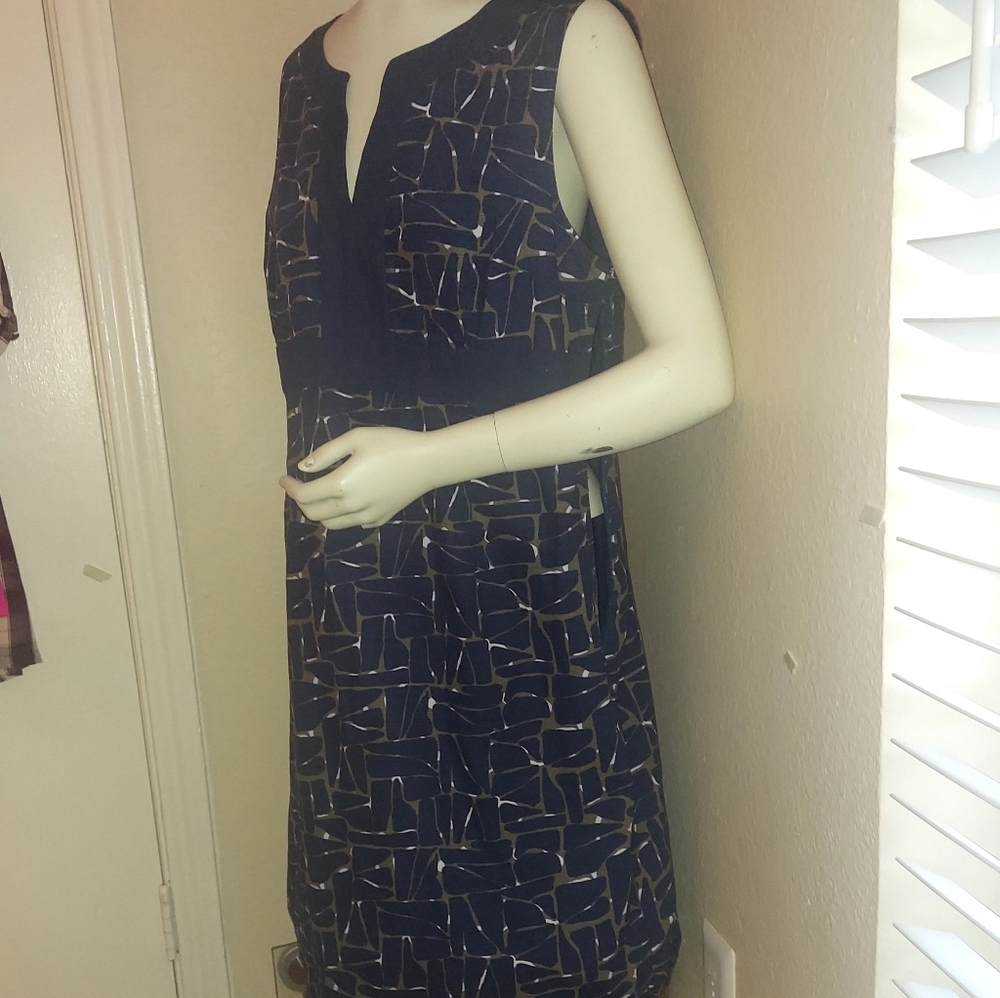 BODEN ..Woman's Navy Blue TaupeBrown White Sleeveless Sheath 100Cotton/lineDress